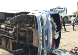 A file photo of the bus ferrying TUM students that overturned along the Nairobi-Kisumu Highway.
